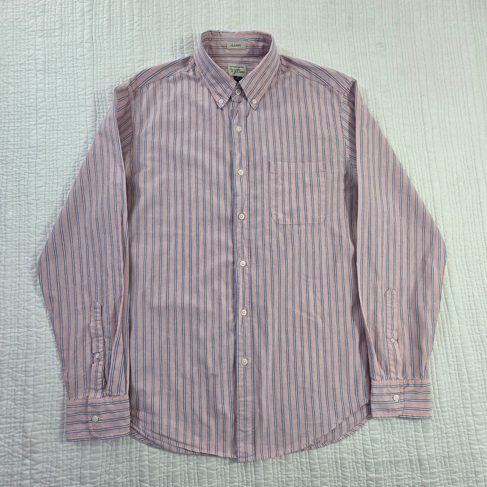 J.Crew Mens Classic Pink Blue Striped Cotton Button Down Shirt Size Medium EUC